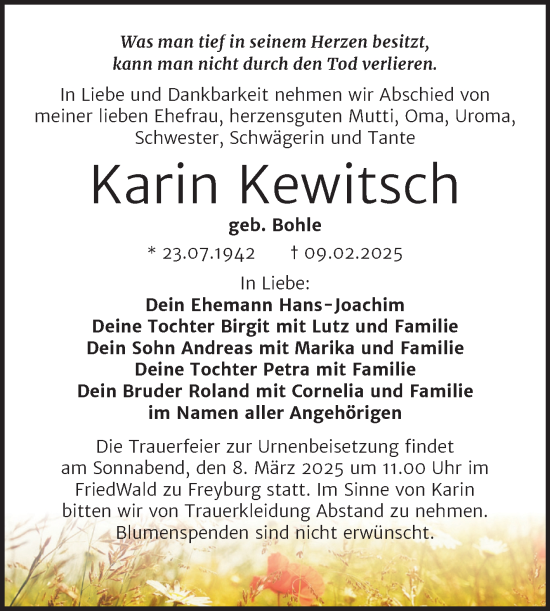 Traueranzeige von Karin Kewitsch von Trauerkombi Weißenfels