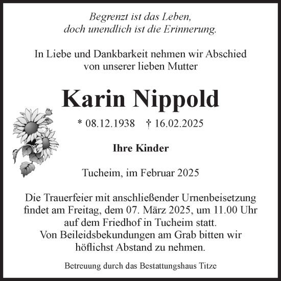 Traueranzeige von Karin Nippold von Volksstimme Burg/Genthin
