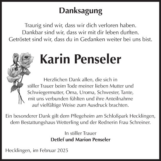 Traueranzeige von Karin Penseler von Volksstimme Staßfurt