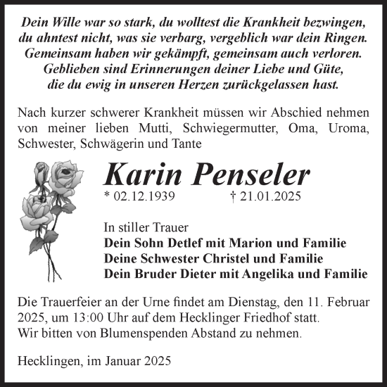 Traueranzeige von Karin Penseler von Volksstimme Staßfurt
