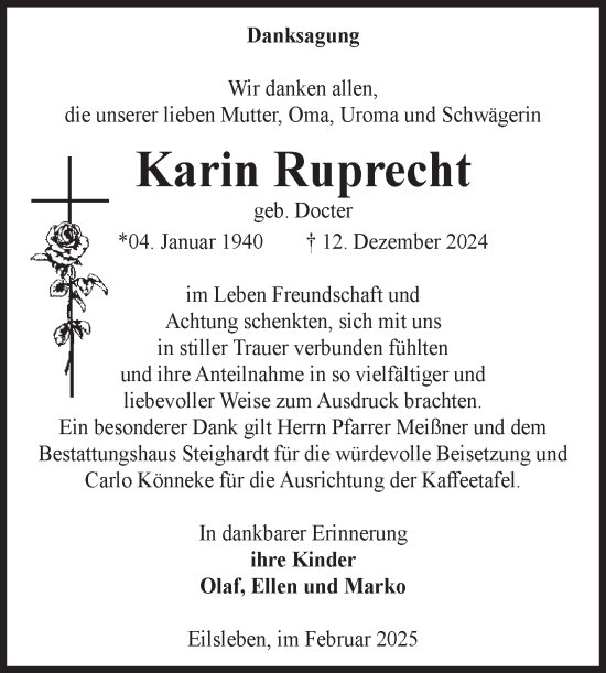 Traueranzeige von Karin Ruprecht von Volksstimme Oschersleben/Wanzleben