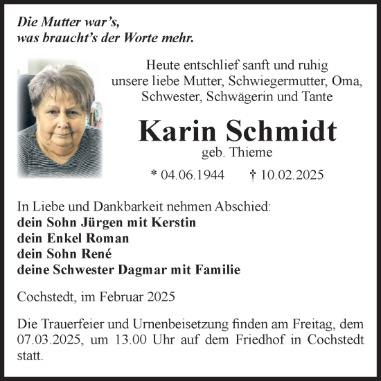 Traueranzeige von Karin Schmidt von Trauerkombi Aschersleben