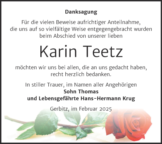 Traueranzeige von Karin Teetz von Trauerkombi Bernburg