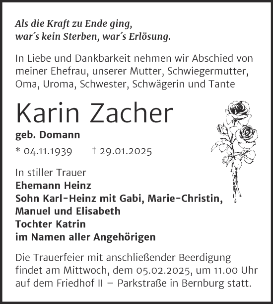 Traueranzeige von Karin Zacher von Trauerkombi Bernburg
