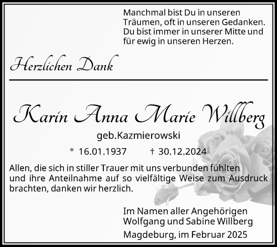 Traueranzeige von Karin Anna Marie Willberg von Volksstimme Magdeburg