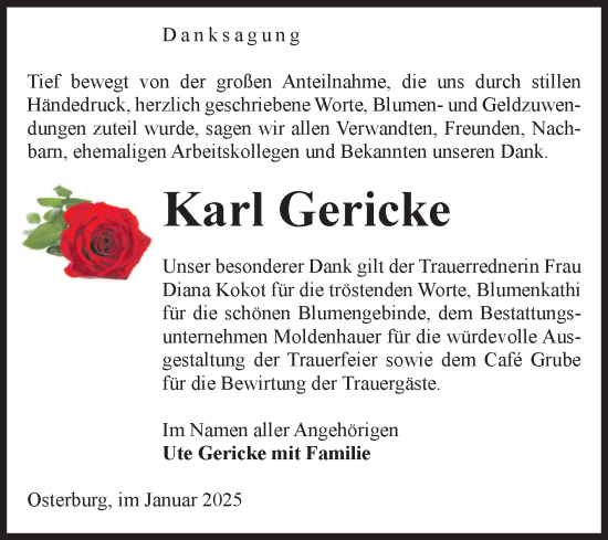 Traueranzeige von Karl Gericke von Volksstimme Altmark Ost
