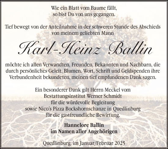 Traueranzeige von Karl-Heinz Ballin von Trauerkombi Quedlinburg