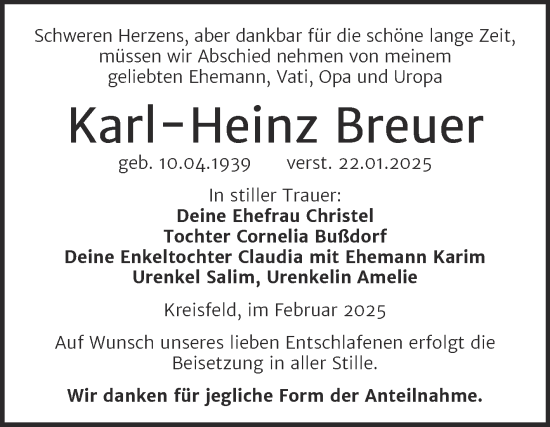 Traueranzeige von Karl-Heinz Breuer von Trauerkombi Mansfelder Land