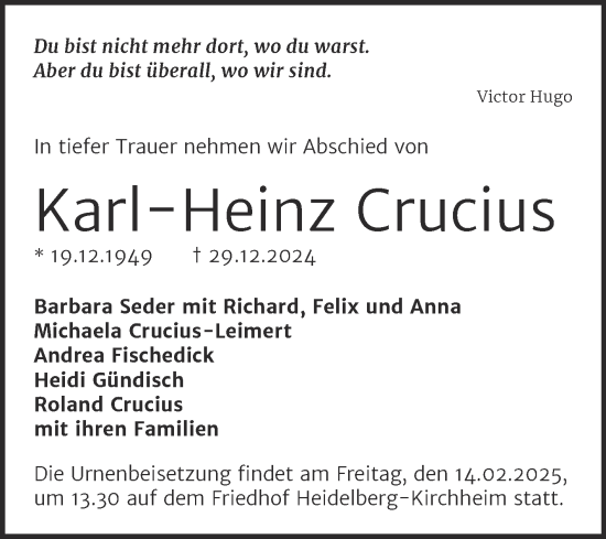 Traueranzeige von Karl-Heinz Crucius von Trauerkombi Wittenberg