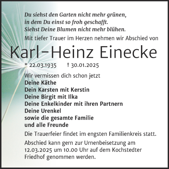 Traueranzeige von Karl-Heinz Einecke von Trauerkombi Dessau