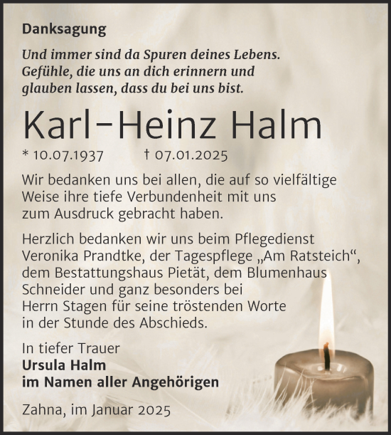 Traueranzeige von Karl-Heinz Halm von Trauerkombi Wittenberg