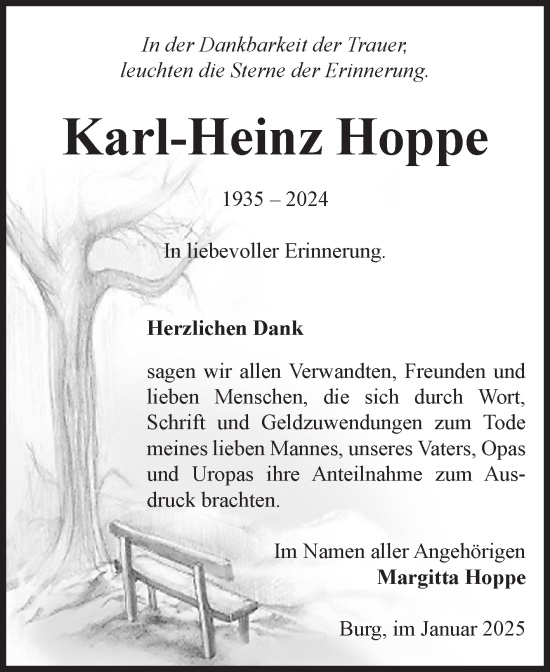 Traueranzeige von Karl-Heinz Hoppe von Volksstimme Burg/Genthin
