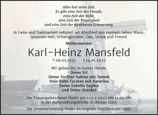 Traueranzeige von Karl-Heinz Mansfeld von Trauerkombi Dessau