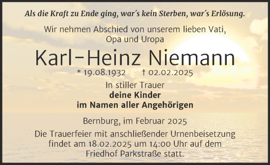 Traueranzeige von Karl-Heinz Niemann von Trauerkombi Bernburg