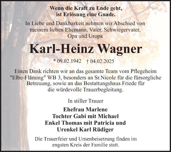 Traueranzeige von Karl-Heinz Wagner von Trauerkombi Dessau