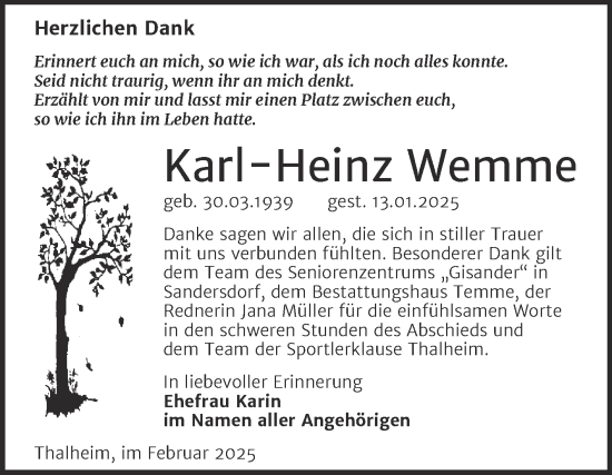 Traueranzeige von Karl-Heinz Wemme von Trauerkombi Bitterfeld