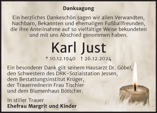 Traueranzeige von Karl Just von Trauerkombi Wittenberg