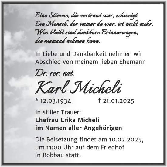 Traueranzeige von Karl Micheli von Trauerkombi Bitterfeld