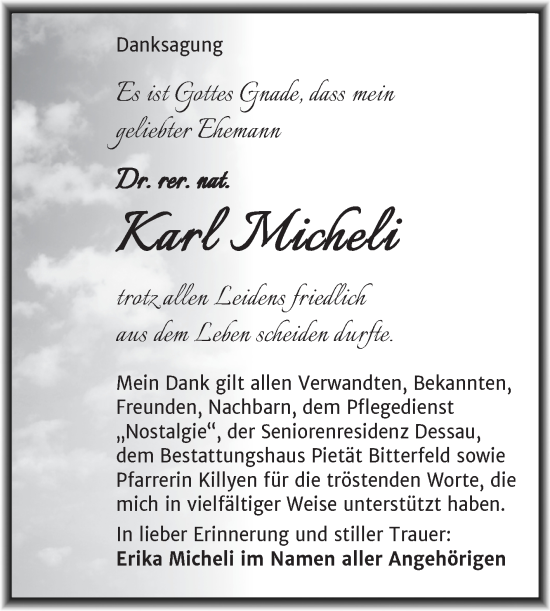Traueranzeige von Karl Micheli von Trauerkombi Bitterfeld