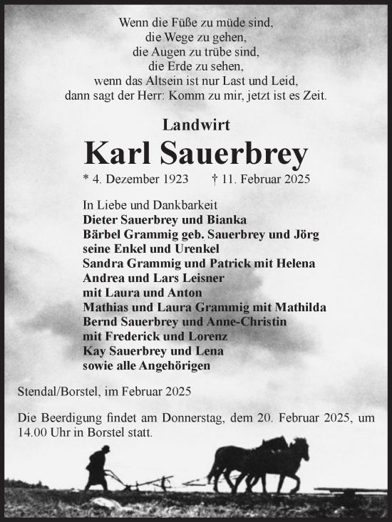 Traueranzeige von Karl Sauerbrey von Volksstimme Altmark Ost