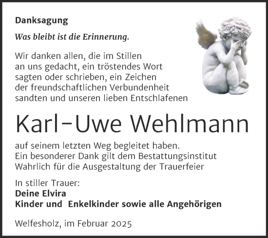 Traueranzeige von Karl-Uwe Wehlmann von Trauerkombi Mansfelder Land