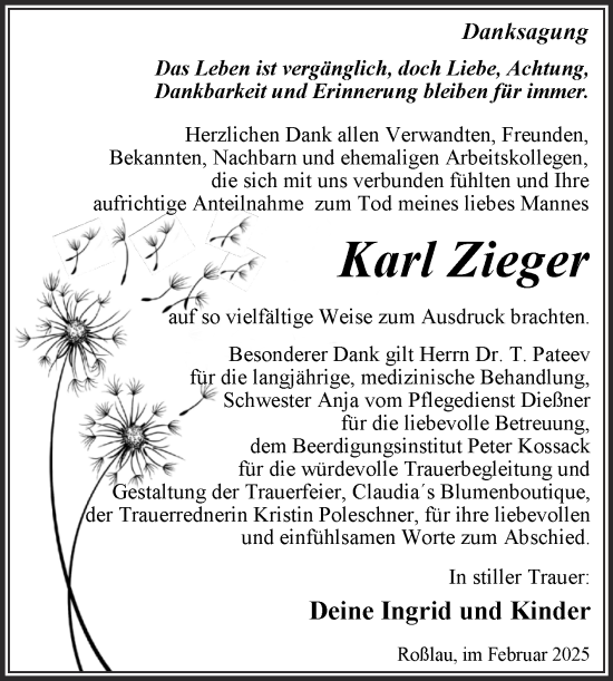Traueranzeige von Karl Zieger von Trauerkombi Dessau
