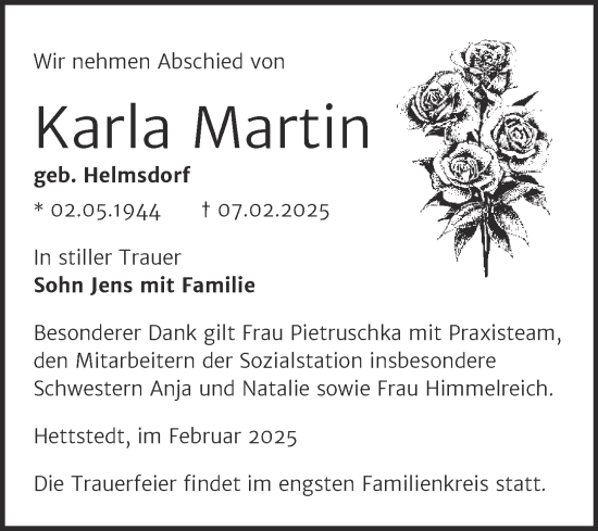 Traueranzeige von Karla Martin von Trauerkombi Mansfelder Land