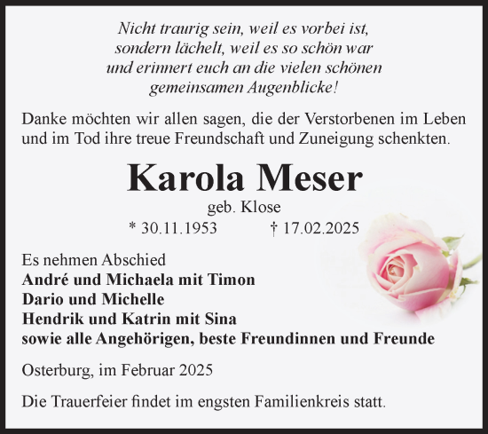 Traueranzeige von Karola Meser von Volksstimme Altmark Ost