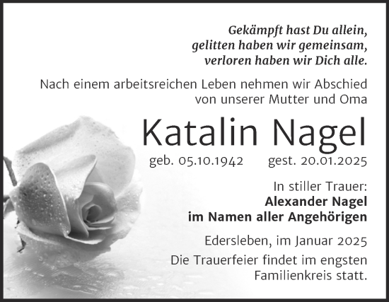 Traueranzeige von Katalin Nagel von Trauerkombi Sangerhausen