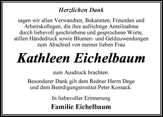 Traueranzeige von Kathleen Eichelbaum von Trauerkombi Dessau