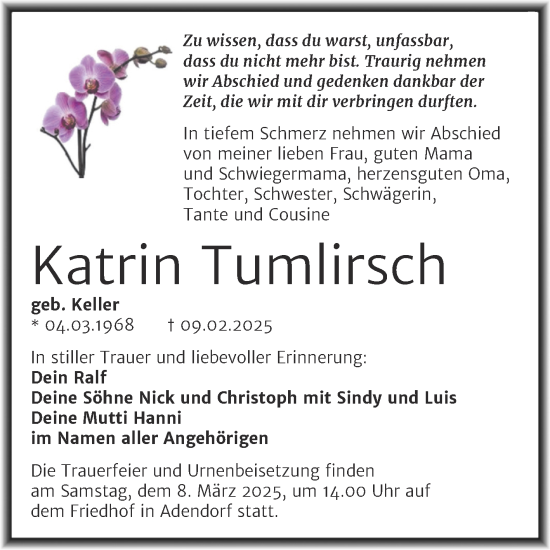 Traueranzeige von Katrin Tumlirsch von Trauerkombi Mansfelder Land