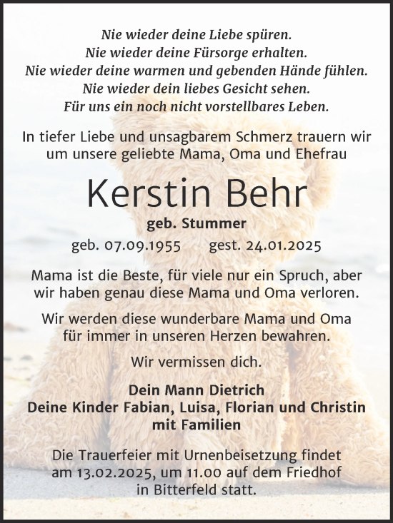 Traueranzeige von Kerstin Behr von Trauerkombi Bitterfeld