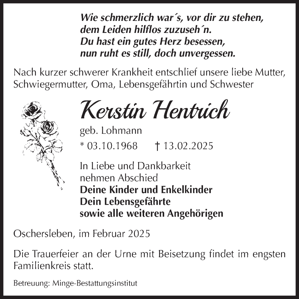 Traueranzeige für Kerstin Hentrich vom 22.02.2025 aus Volksstimme Oschersleben/Wanzleben