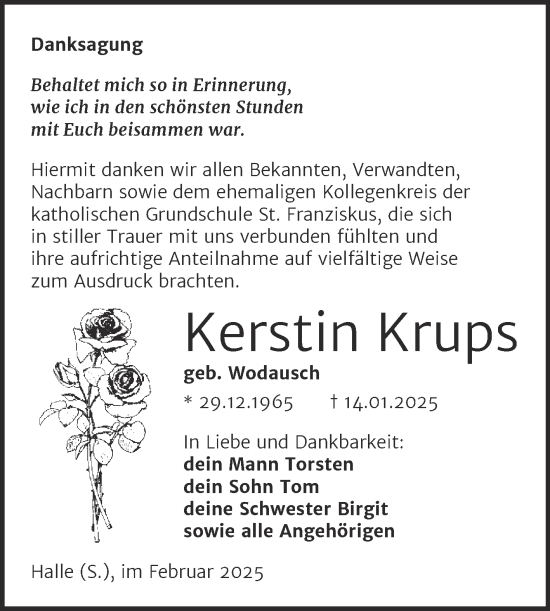 Traueranzeige von Kerstin Krups von Mitteldeutsche Zeitung Halle/Saalkreis
