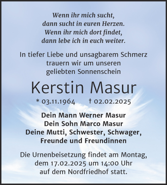 Traueranzeige von Kerstin Masur von Mitteldeutsche Zeitung Halle/Saalkreis