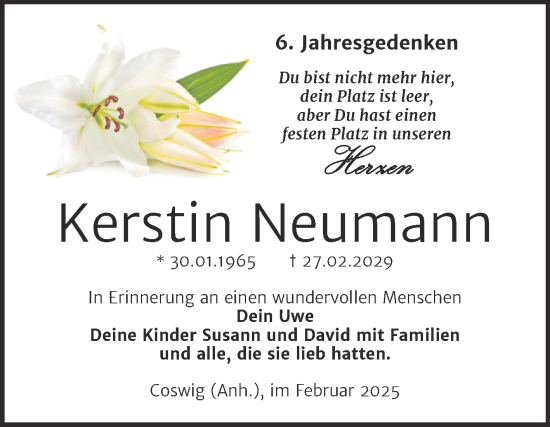 Traueranzeige von Kerstin Neumann von Trauerkombi Wittenberg