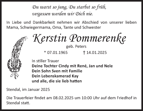 Traueranzeige von Kerstin Pommerenke von Volksstimme Altmark Ost