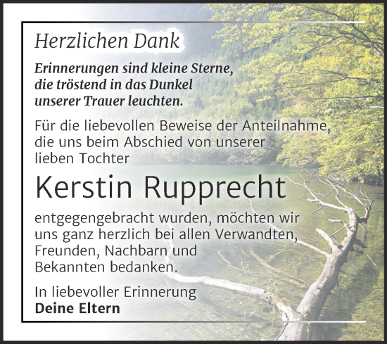 Traueranzeige von Kerstin Rupprecht von Trauerkombi Sangerhausen