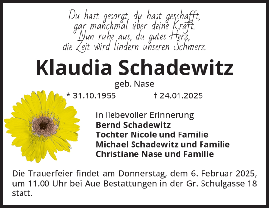 Traueranzeige von Klaudia Schadewitz von Volksstimme Magdeburg