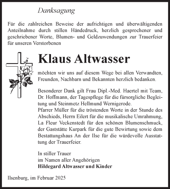 Traueranzeige von Klaus Altwasser von Volksstimme Wernigerode