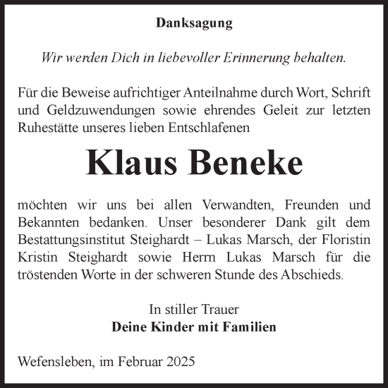 Traueranzeige von Klaus Beneke von Volksstimme Oschersleben/Wanzleben