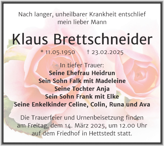 Traueranzeige von Klaus Brettschneider von Trauerkombi Mansfelder Land