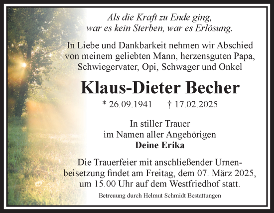 Traueranzeige von Klaus-Dieter Becher von Volksstimme Magdeburg