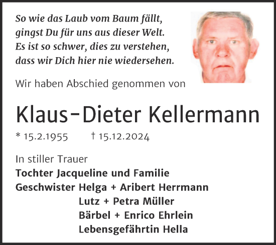 Traueranzeige von Klaus-Dieter Kellermann von Trauerkombi Wittenberg