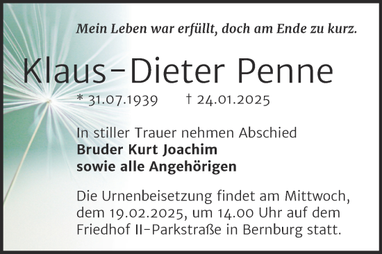Traueranzeige von Klaus-Dieter Penne von Trauerkombi Bernburg