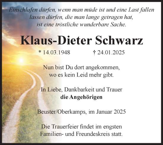 Traueranzeige von Klaus-Dieter Schwarz von Volksstimme Altmark Ost