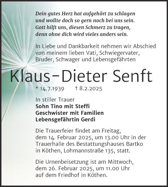 Traueranzeige von Klaus-Dieter Senft von Trauerkombi Köthen