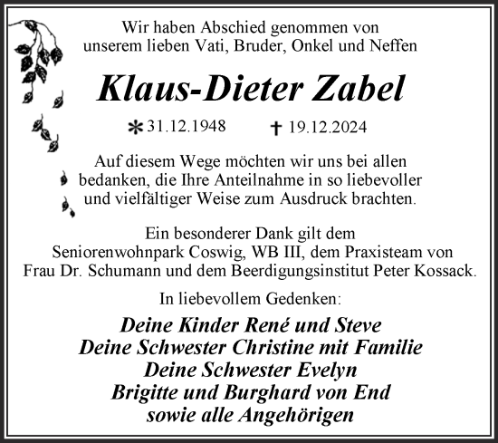 Traueranzeige von Klaus-Dieter Zabel von Trauerkombi Wittenberg