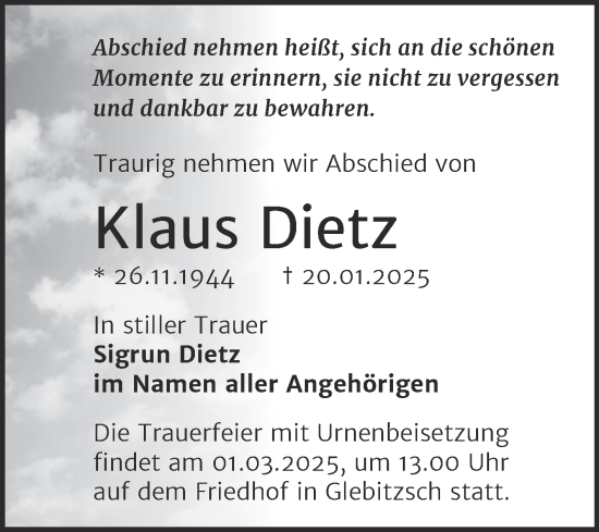 Traueranzeige von Klaus Dietz von Trauerkombi Bitterfeld