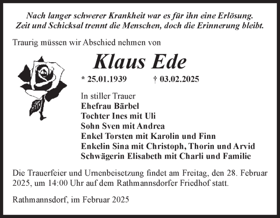 Traueranzeige von Klaus Ede von Volksstimme Staßfurt